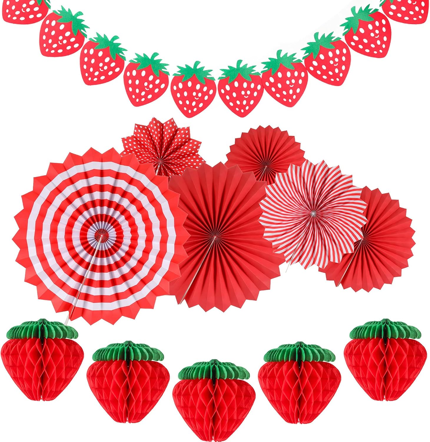 Outus 12 Pcs Strawberry Decor Birthday Party Decorations Supplies Include 5 Strawberry Honeycomb Balls 1 Garland 6 Paper Fans Decor Strawberries Themed Decoration for Baby Shower Party