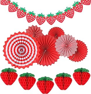 12 Pcs Strawberry Birthday Party Decorations Supplies Include 5 Strawberry Honeycomb Balls 1 Strawberry Garland 6 Paper Fans Decor Strawberry Shortcake Themed Decorations for Birthday Party(Red)