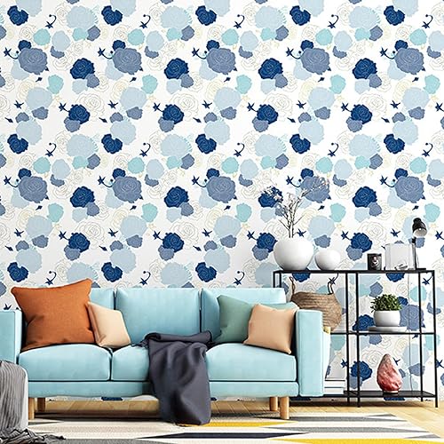 Miniatura 5 de Papel tapiz floral para despegar y pegar, papel tapiz moderno de línea floral, papel de contacto de peonía azul y dorado, papel de pared