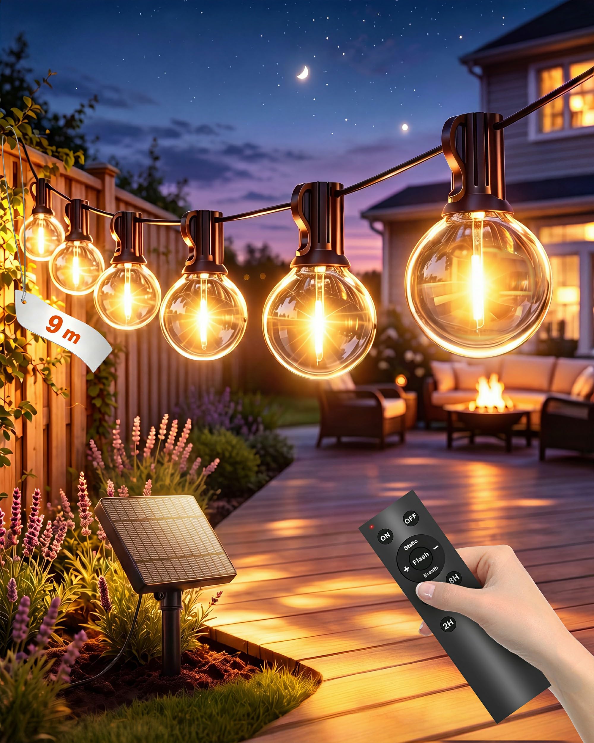 Guirlande lumineuse solaire d'extérieur 9 m à intensité variable - Résistante aux intempéries - Avec télécommande et 12 + 1 ampoule LED G40 2700 K - 3 modes - 5 minuteries - Pour balcon, jardin