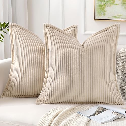 Miniatura 10 de Mecatny Juego de 2 fundas de almohada de pana de 12 x 20 pulgadas, fundas de almohada a rayas con borde ancho para sala de estar, cama, fundas