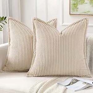 Mecatny Corduroy Throw Pillow Covers 22x22 Set of 2, Neutral Decorative Soft Boho Couch Pillow Covers with Broadside for Sofa Living Room, Beige
