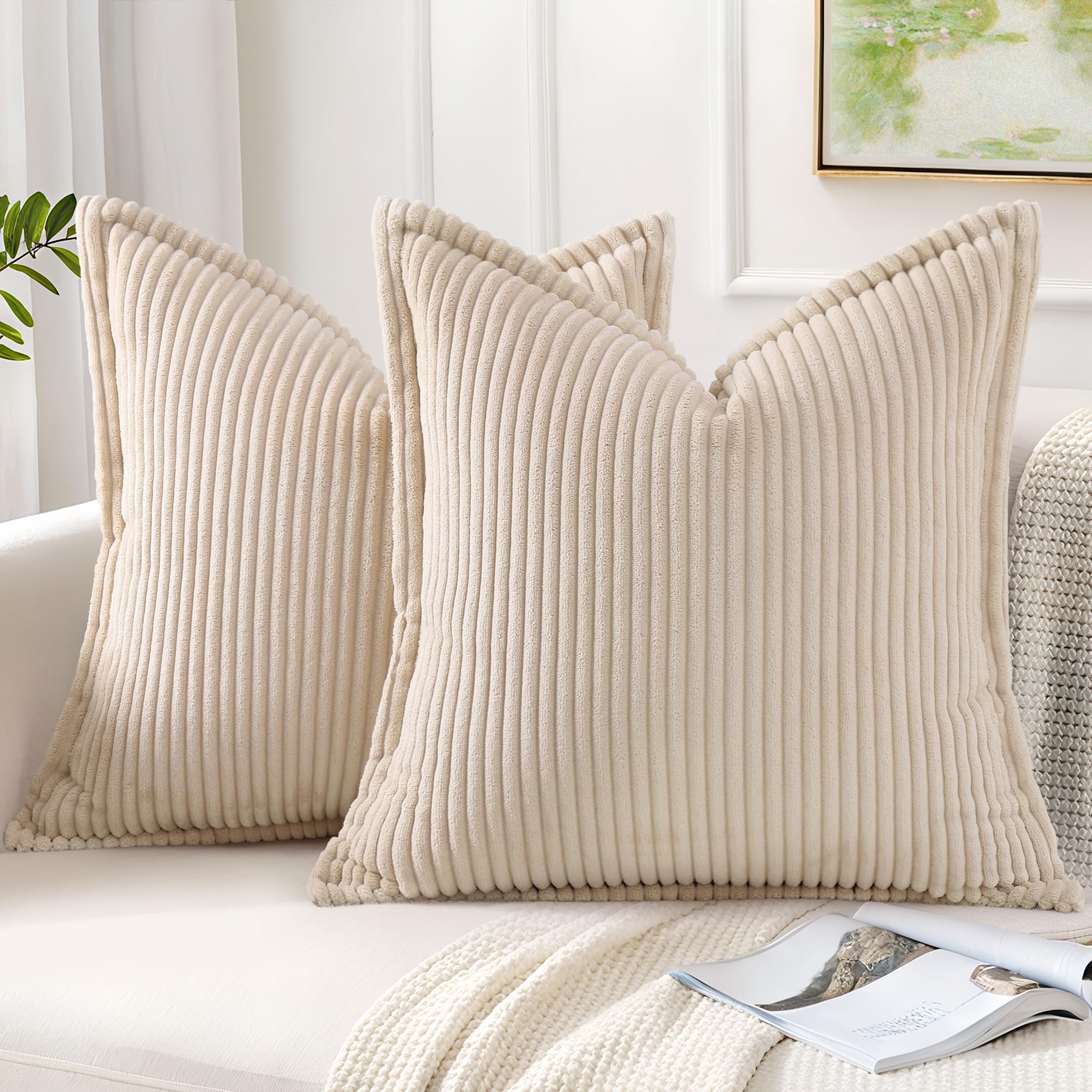 Mecatny Corduroy Throw Pillow Covers 18x18 Set of 2, Neutral Decorative Soft Boho Couch Pillow Covers with Broadside for Sofa Living Room, Beige