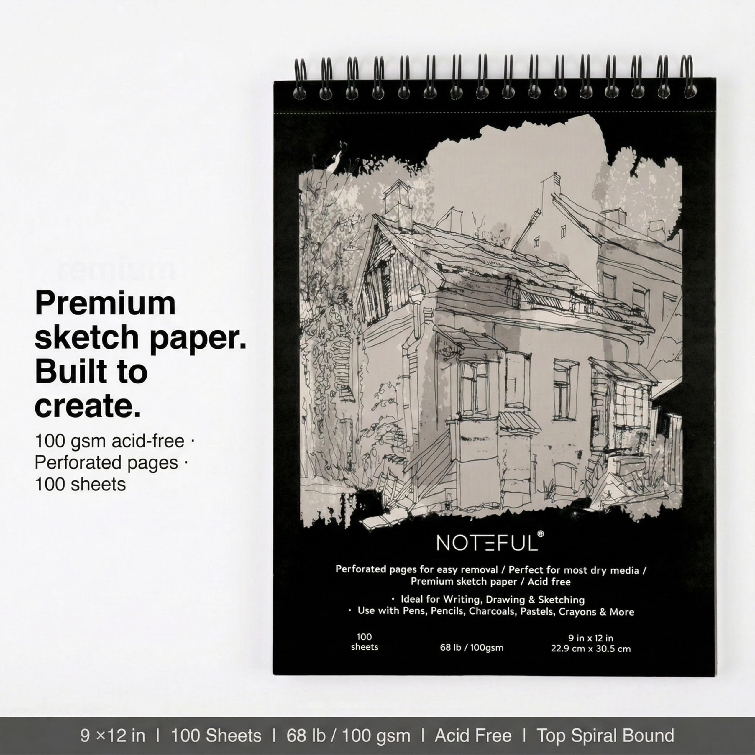 Lot de 2 carnets de croquis à spirales, 100 feuilles de papier à croquis de qualité supérieure, 22,9 x 30,5 cm, bloc de dessin sans acide pour artistes, étudiants et débutants