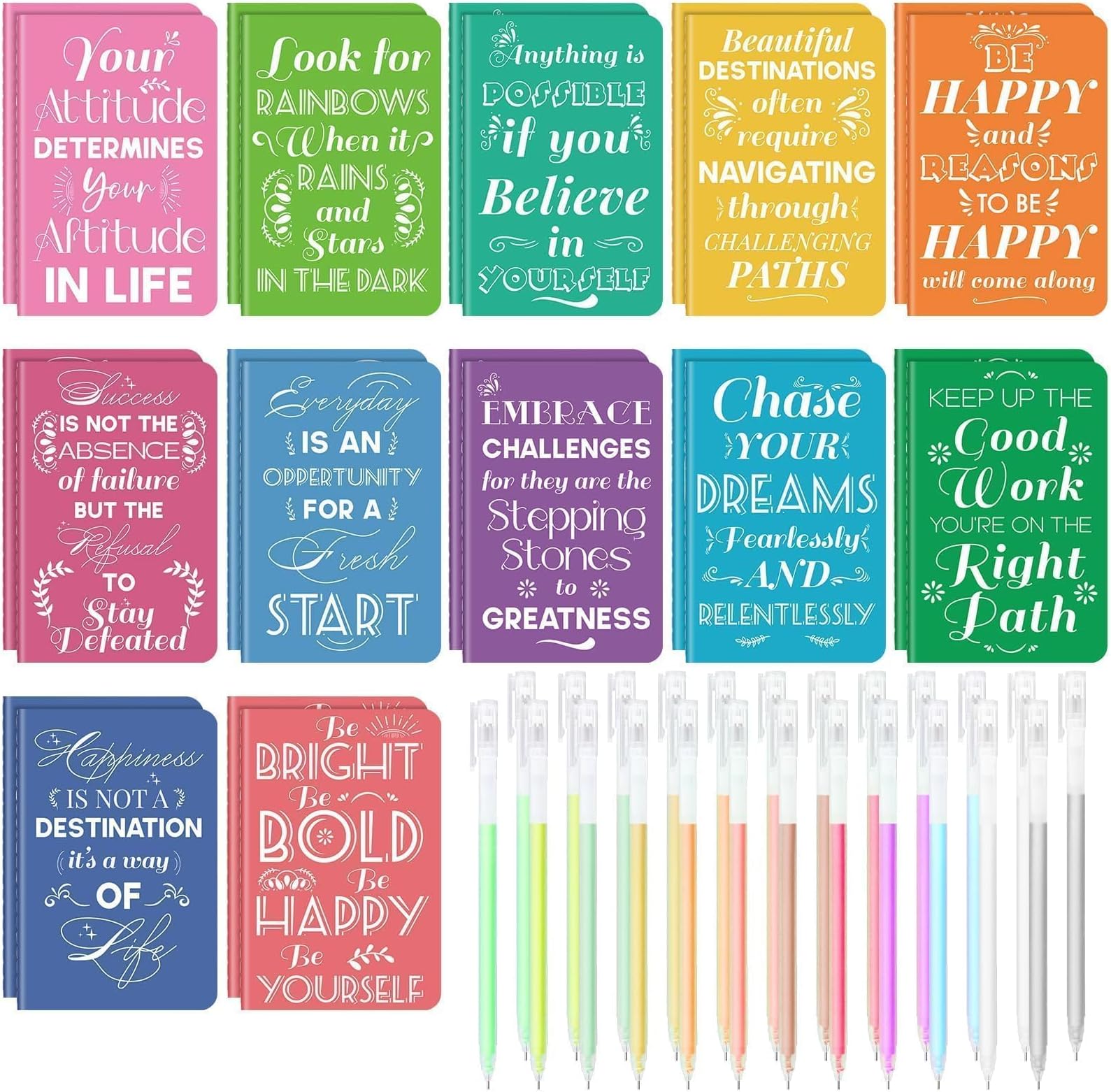 24 Pcs Mini Inspirational Notebooks Bulk with 24 Pcs Colorful Pens, Small Pocket Journal Notepads Set, Motivational Bulk Gifts for Women Men Teacher Student, Fun Mother's Day Gift Bulks, 3.5" x 5.5"