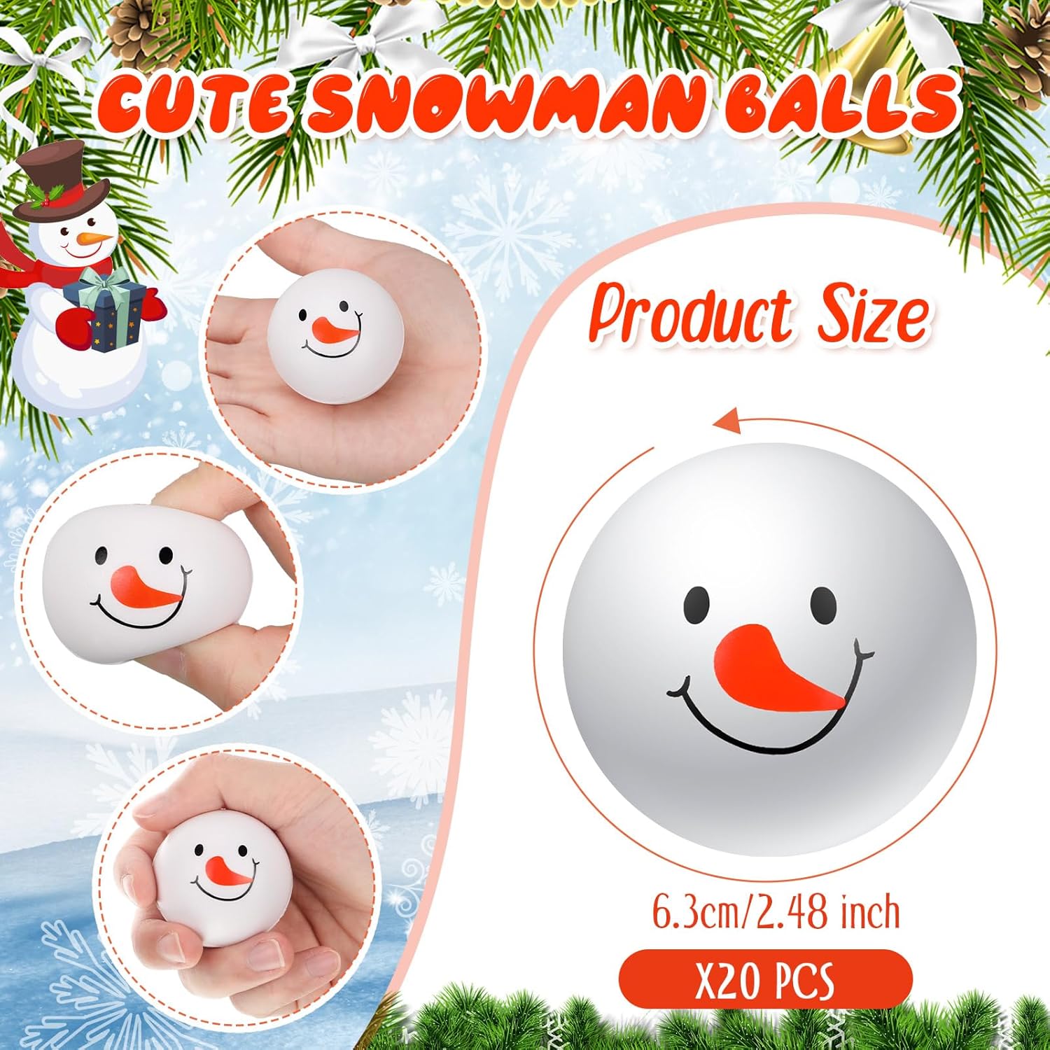 Kasyat 20 Pcs Snowman Stress Ball Snowmen Stress Relief Christmas Party Favors for Bag Filler Stocking Stuffers Gifts Suitable for Ages 3+(Classic,2.48 Inch)