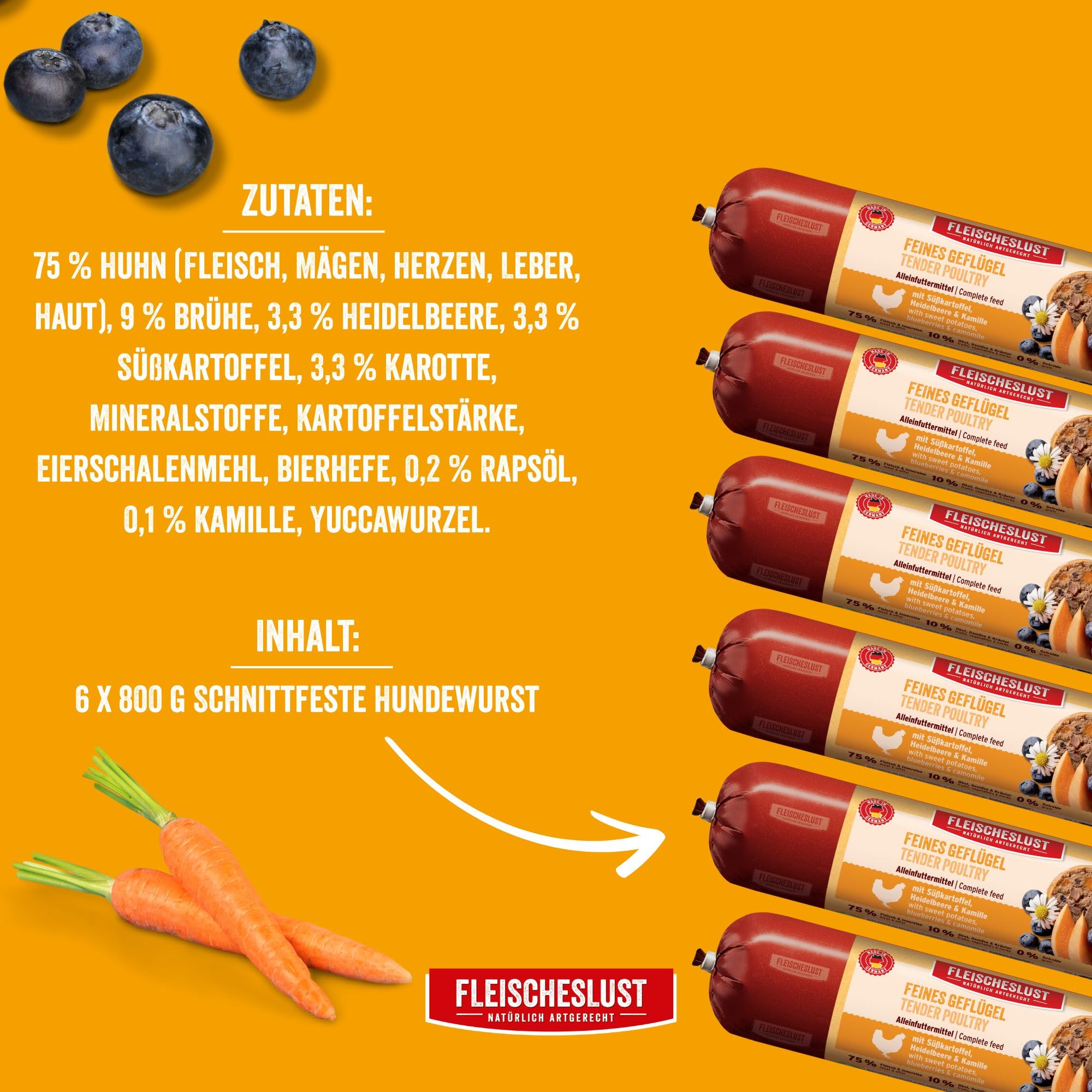 Fleischeslust Salchichas para perros, aves de corral finas con batata, arándanos y manzanilla como caja de alimentación (6 x 800 g), comida para perros, salchichas húmedas, resistente a cortes y sin