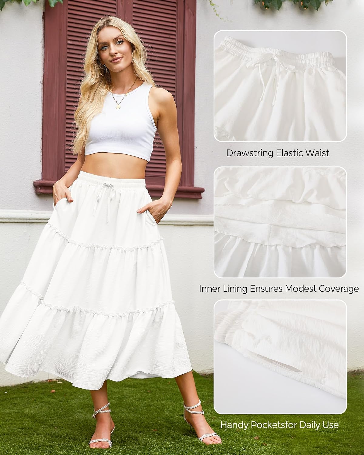 Women's Tiered Midi Skirt Flowy Boho Casual Skirt with Pocket