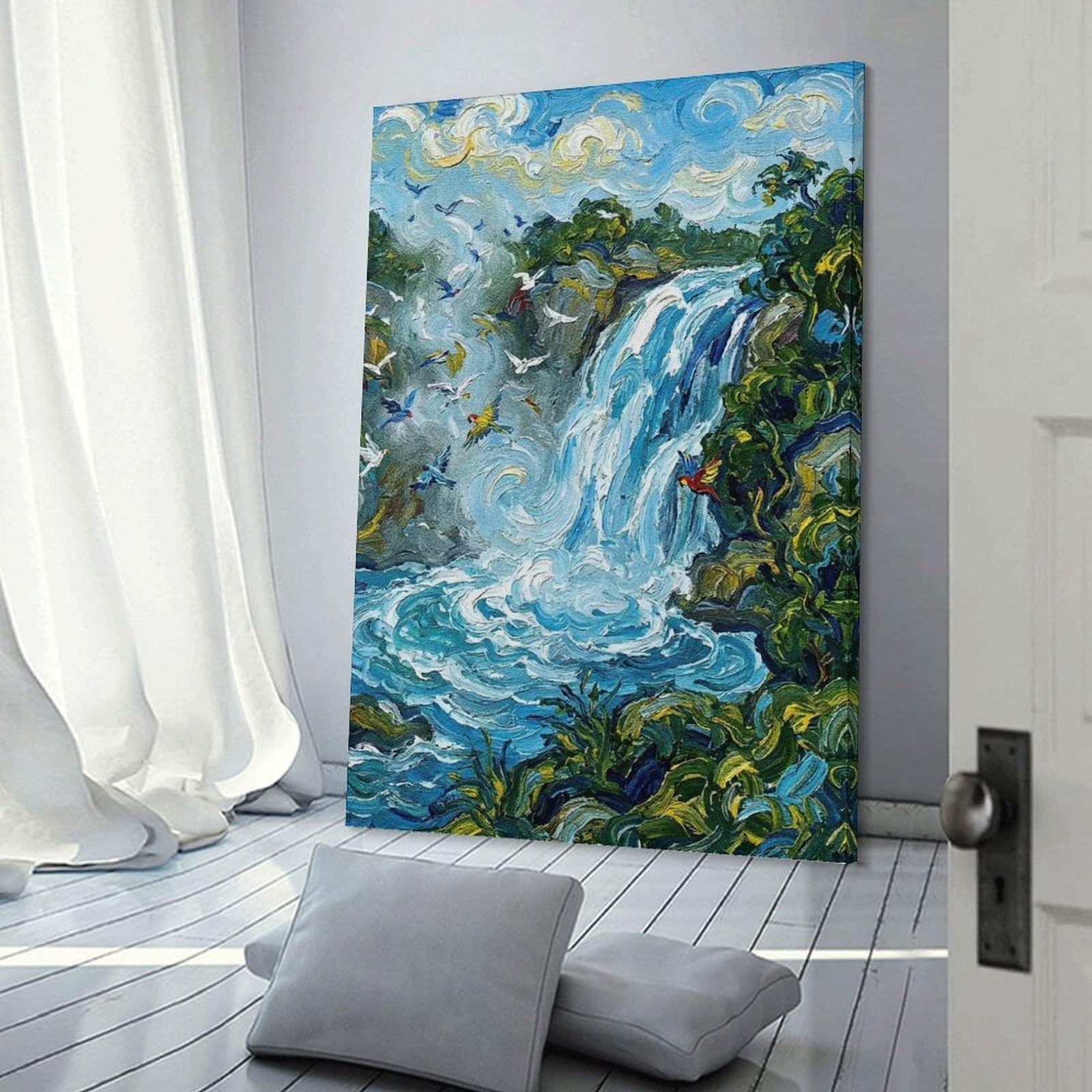 Junmoney Waterfall And Birds Impressionistic Painting Canvas Art Print, 20x30inch(50x75cm), for Hallway, Bedroom Or Modern Interiors, A Wall Art Gift for Fresh Interiors