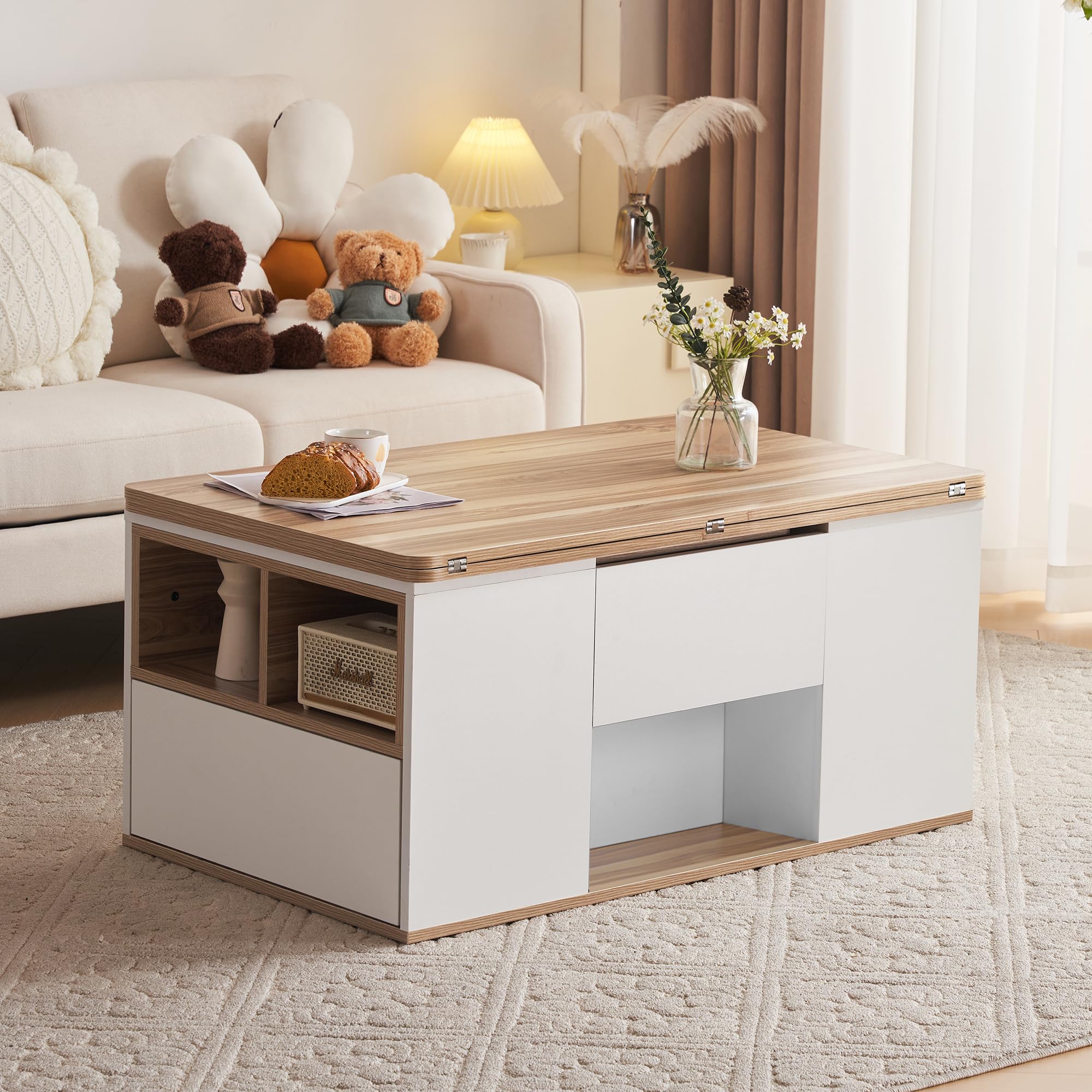 BTM Table Basse Relevable Multifonction, Plateau Devient 2, Blanc + Teinte Bois Originale, Grande Capacité, Mobilier Moderne, Bureau-Salle à Manger
