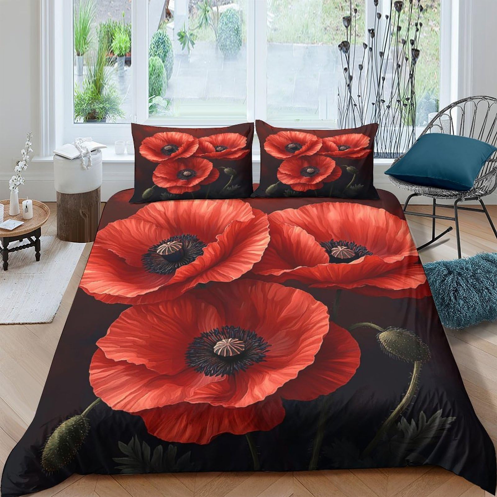 Ctjqhvkz Style-1 3D Printed Red Poppy Fitted Sheet Microfiber Soft Floral Mattress Cover Bedroom Guest Room Decor Washable Single（135X200cm）