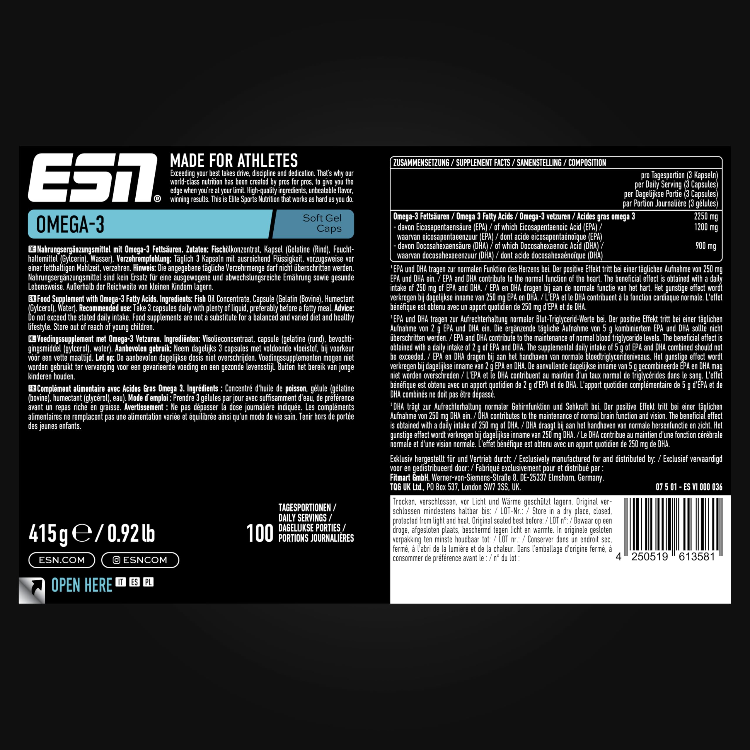ESN Omega-3, 300 Kapseln, hochdosiertes EPA & DHA, 1200 mg EPA & 900 mg DHA pro Portion - made in Germany