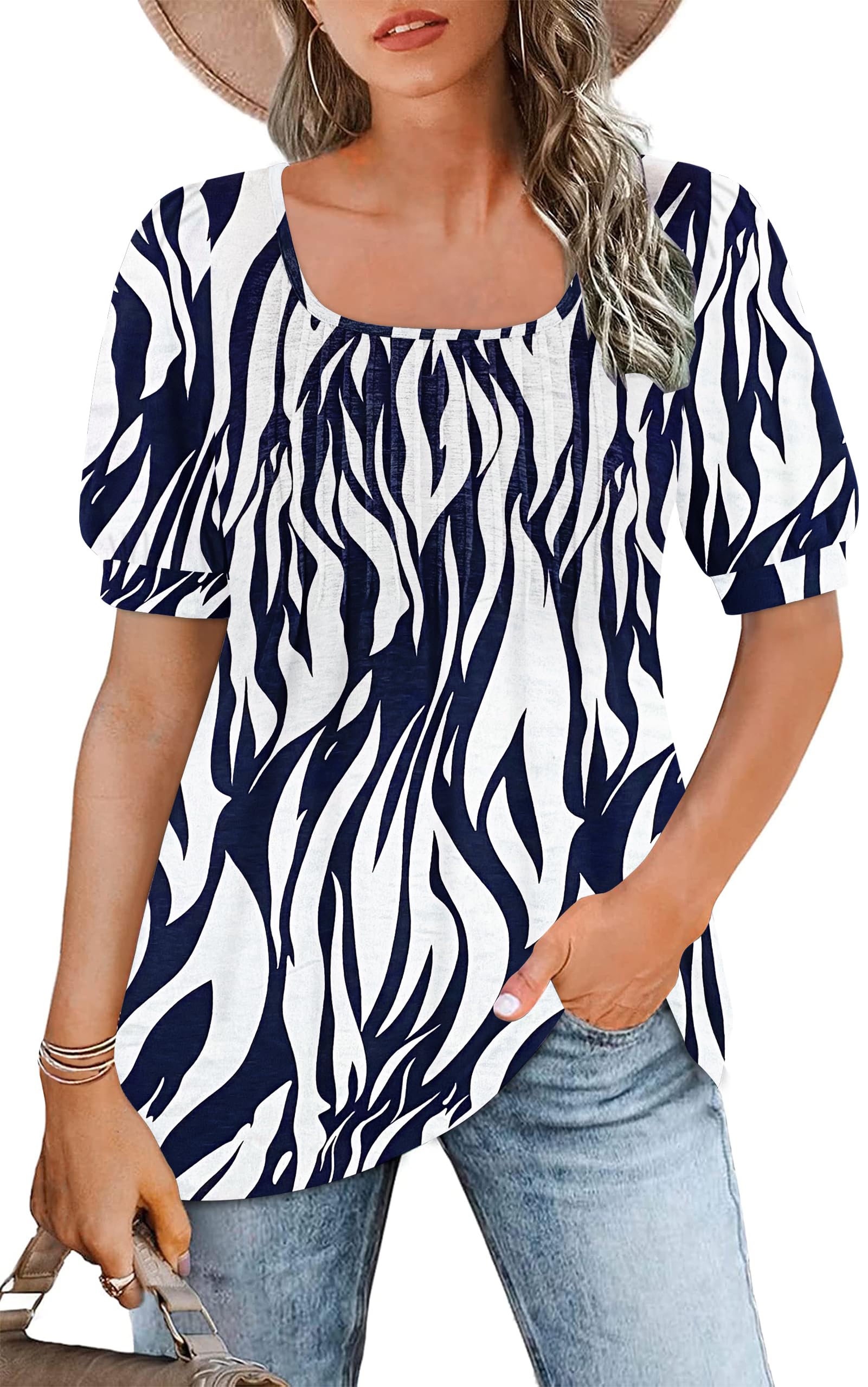 WNEEDU Tshirt Damen Sommer Bluse Kurzarm Quadratischem Ausschnitt Oberteile Damen Sommer Tunika T-Shirt Plissee Tops mit Puffärmel Lässige Flowy Elegant