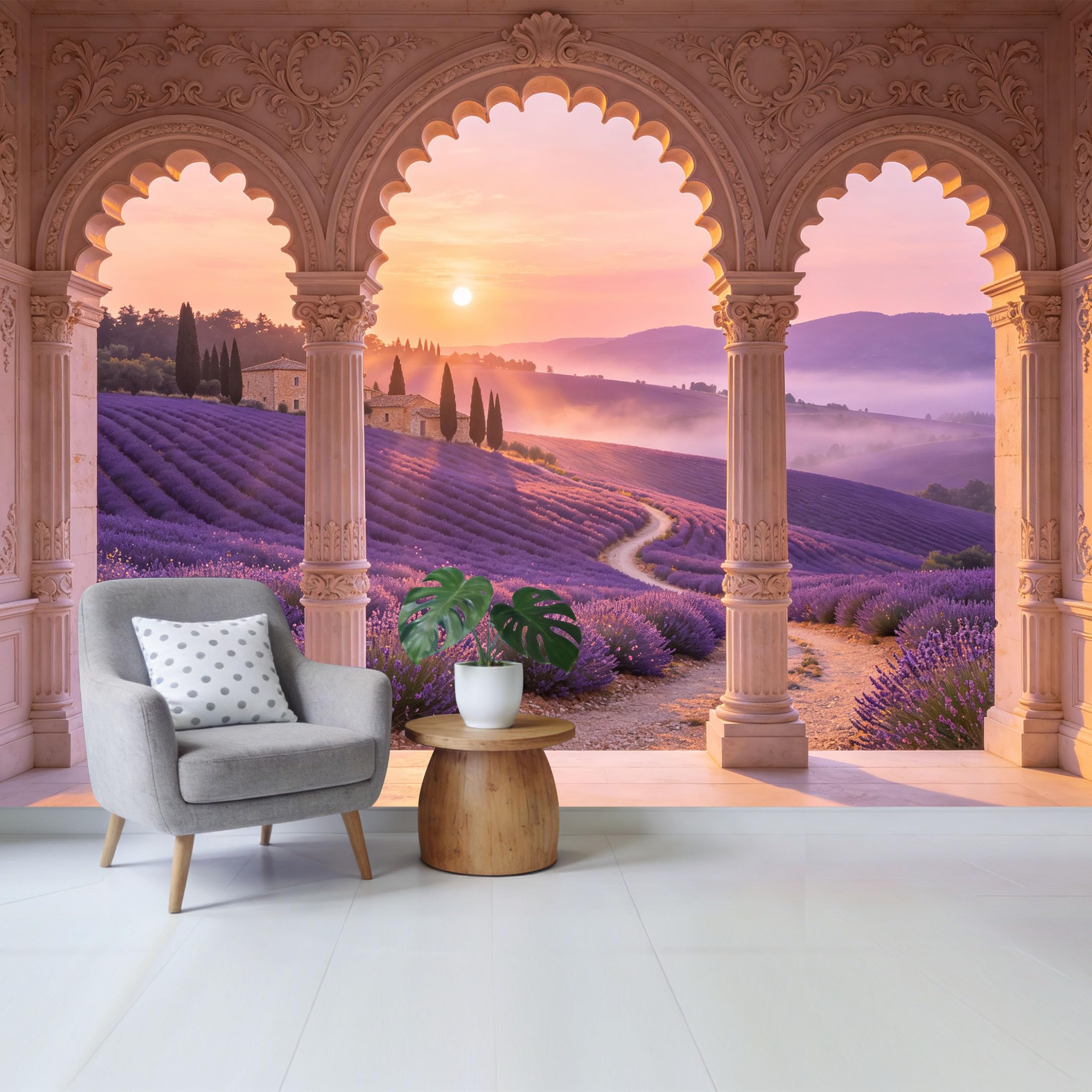 Removable Self Adhesive Fabric Mural， Tuscan Lavender Field Sunset Landscape Custom Size Wall Covering， UV Protected Waterproof Washable Wall Decor for Living Room Bedroom Bathroom