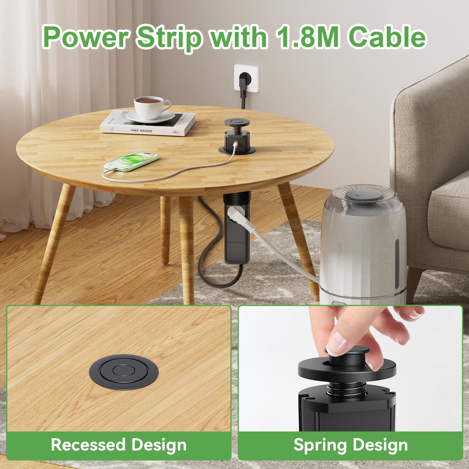 HANNELORE Presa da tavolo retrattile USB C, presa da tavolo a 3 vie con 2 USB, presa multipla integrata per piano di lavoro, ufficio, cucina, officina, cavo da 1,8 m, 4000 W/16 A, nero
