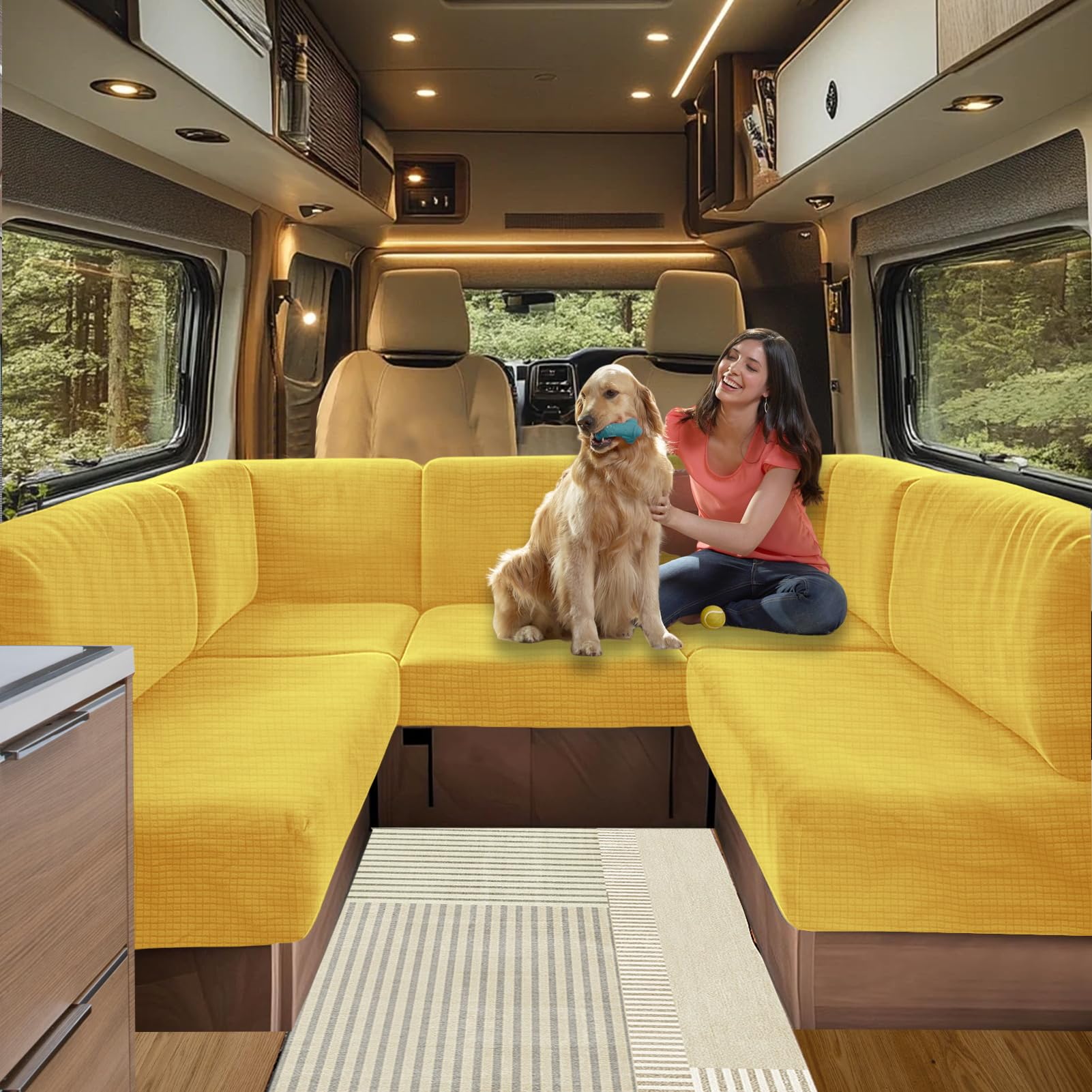 Caravan Seat Cover Stretch Jacquard, Non-slip RV Dinette Cushion Covers, for Caravan Camper Sofa Anti-Slip Kids and Pets-Friendly Washable (Yellow,W 45-65cm, D 45-65cm)