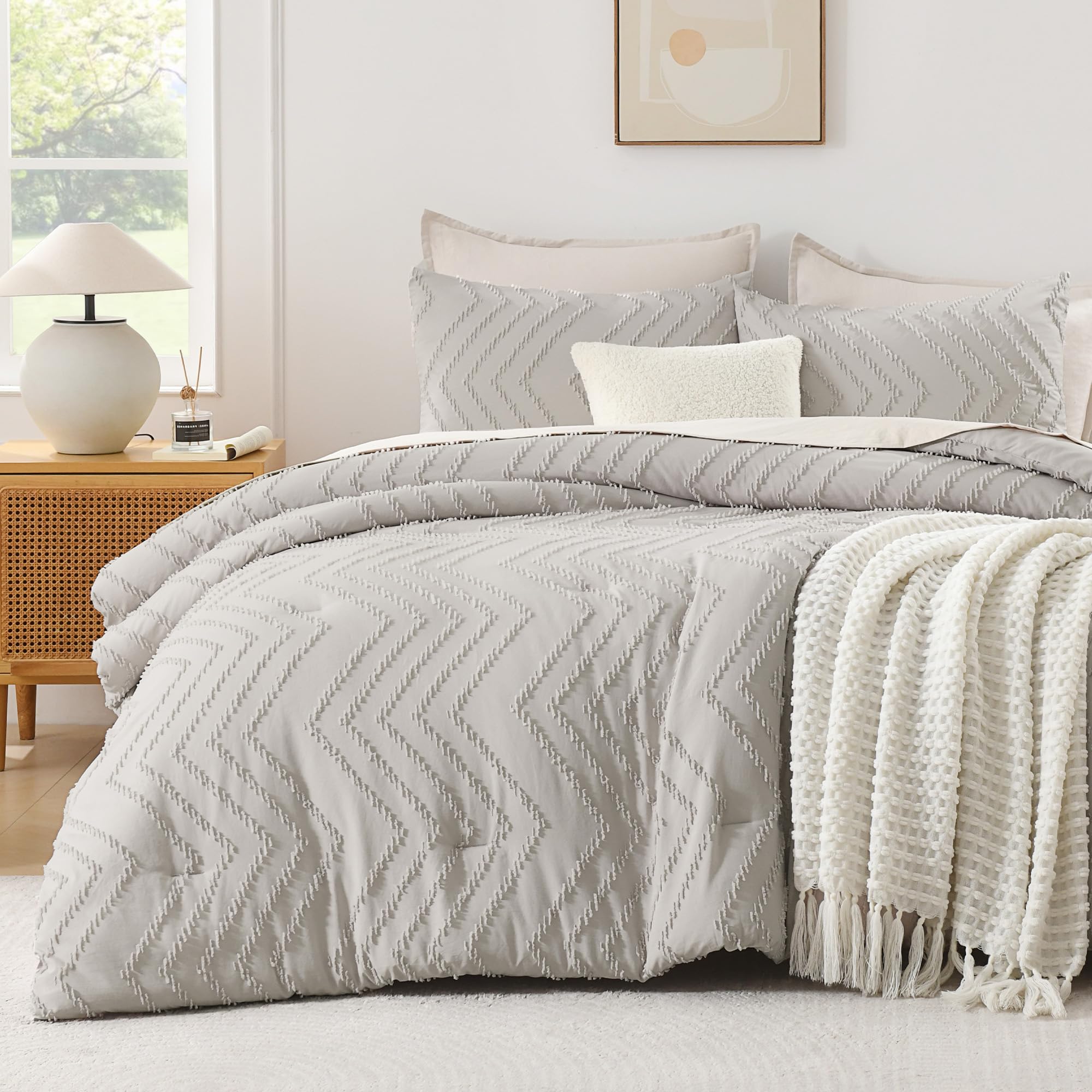 Andency Linen Comforter Set Full Size, Boho Soft Warm Tufted Bedding Comforter Sets for Full Size Bed, 3 Pieces Aesthetic Chevron Farmhouse Cute Bohemian Textured Bed Set