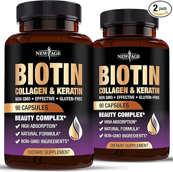 NEW AGE Biotin Collagen Keratin Hyaluronic Acid - 50,000mcg Hair Growth Vitamins for Men and Women, Nails, Hair, Skin Vitamins and DHT Blocker with Vitamin E Folic Acid Pumpkin Seed MSM- 180 Count