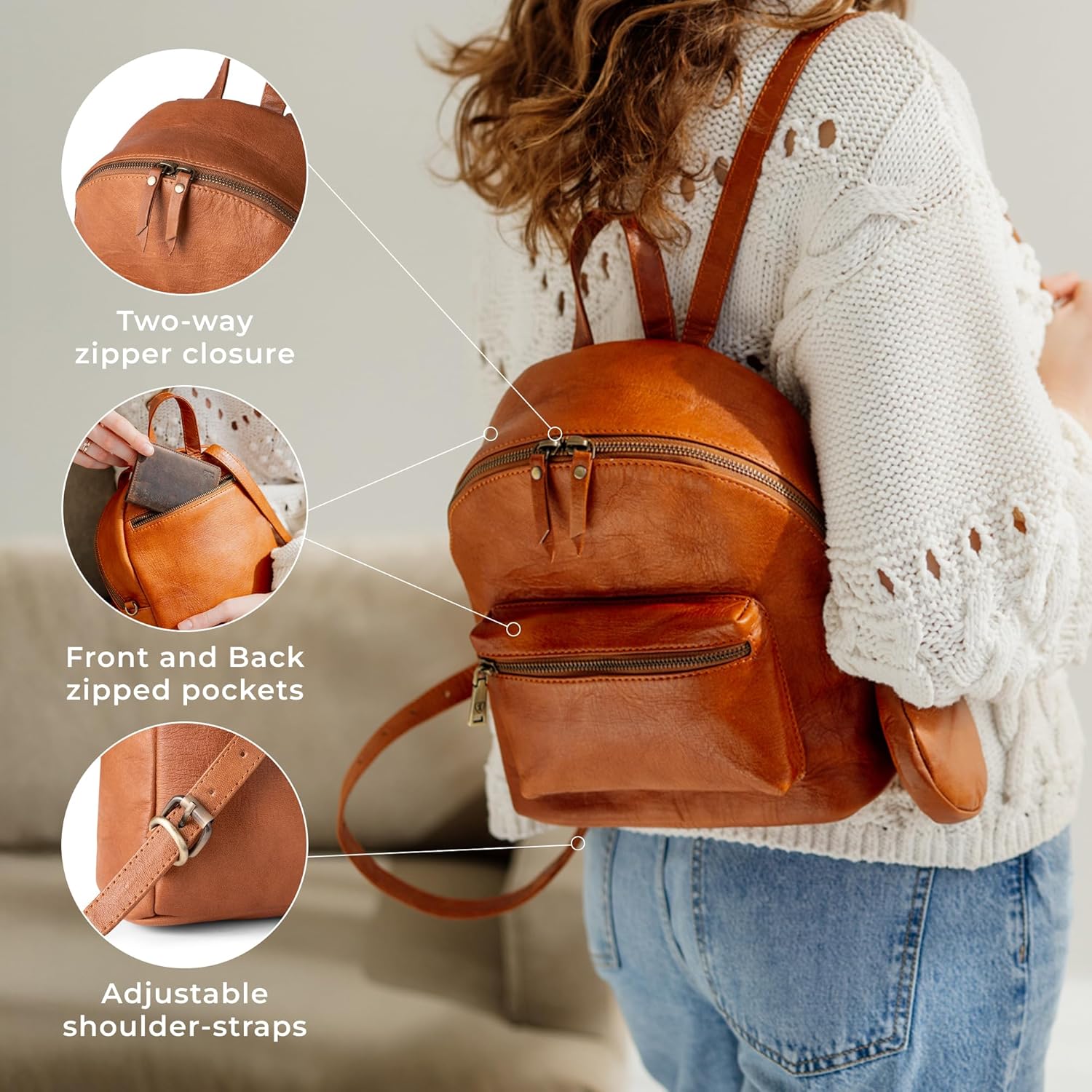 BERLINER BAGS Vintage Genuine Leather Backpack Kelly, Small Backpack Purse for Women, Lightweight Backpack - Brown - Image 5