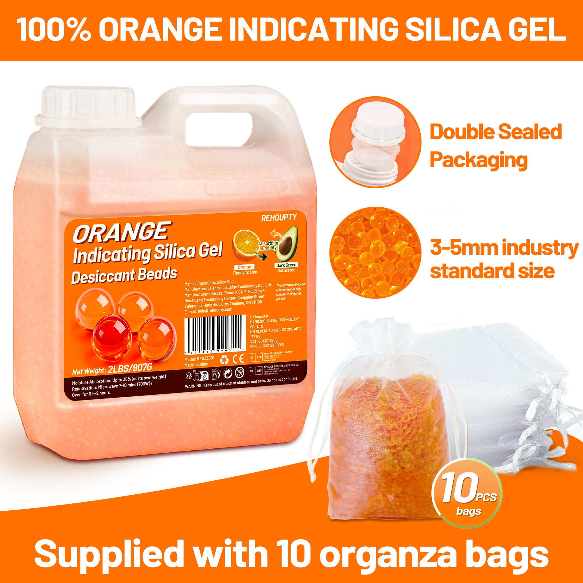 Perles Déshydratantes de Silice Orange 907G, Perles Gel Silice Indicatorices Réutilisables, Perles Déshydratantes de 3-5mm pour Filament 3D & Appareils Électroniques (10 Sacs Organza Inclus)