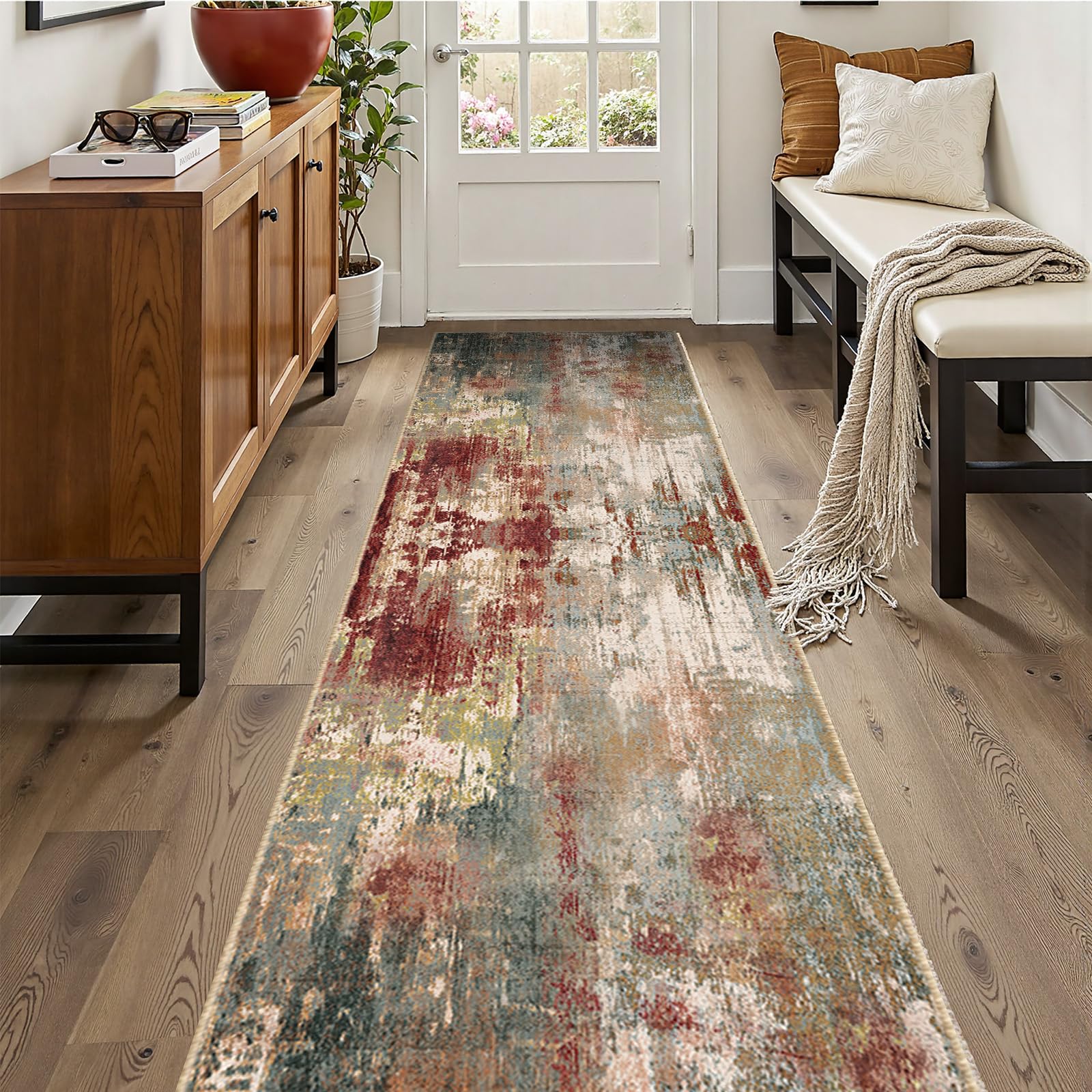 RELEANY Washable Area Rugs 2'x10' Non-Slip Modern Abstract Soft for Living Room Entryway Bedroom Nursery, Print Pattern, Brown Rust Red Multi
