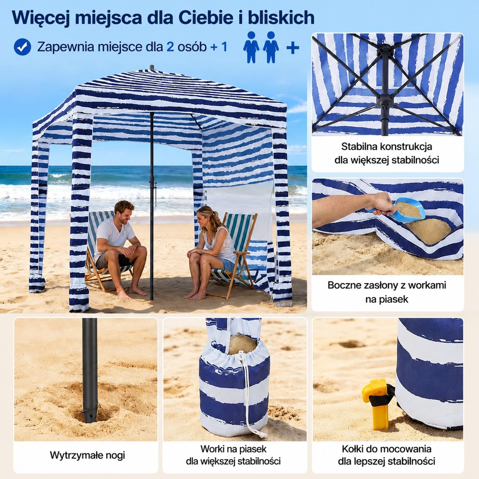 Kabana plażowa z panelem bocznym i workami na piasek, granatowe paski do użytku na plaży