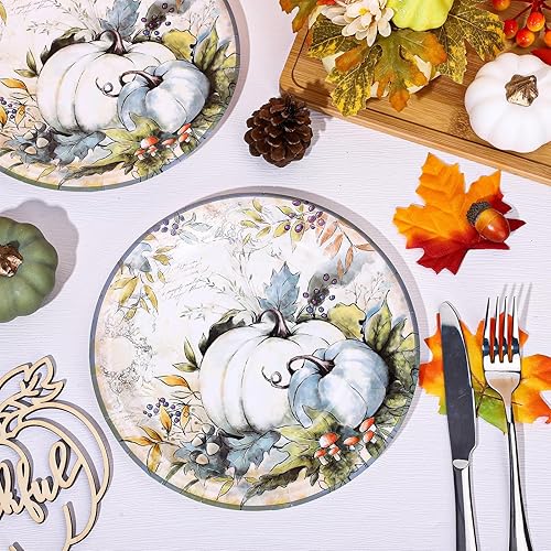 Miniatura 3 de AnyDesign 40 platos de papel de otoño  Platos redondos retro de calabaza verde azulado de 9 pulgadas para otoño, otoño, cosecha de Acción de