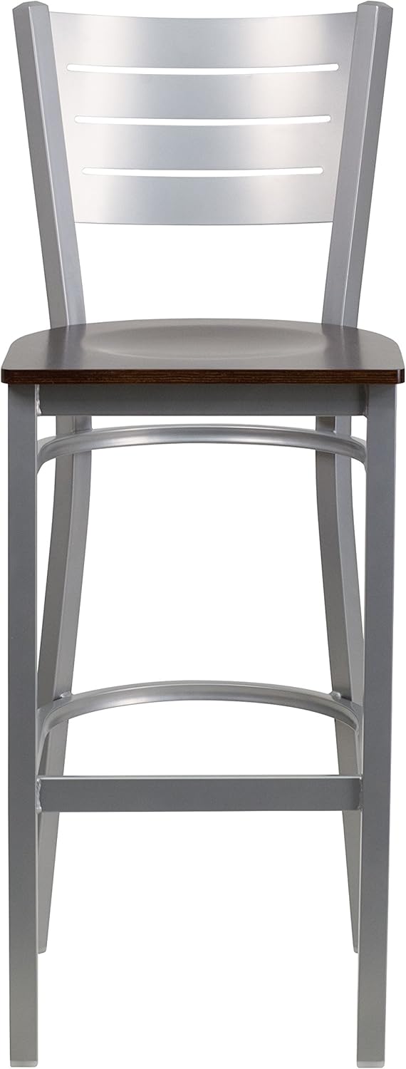 EMMA + OLIVER Silver Slat Back Metal Barstool, Walnut Wood Seat