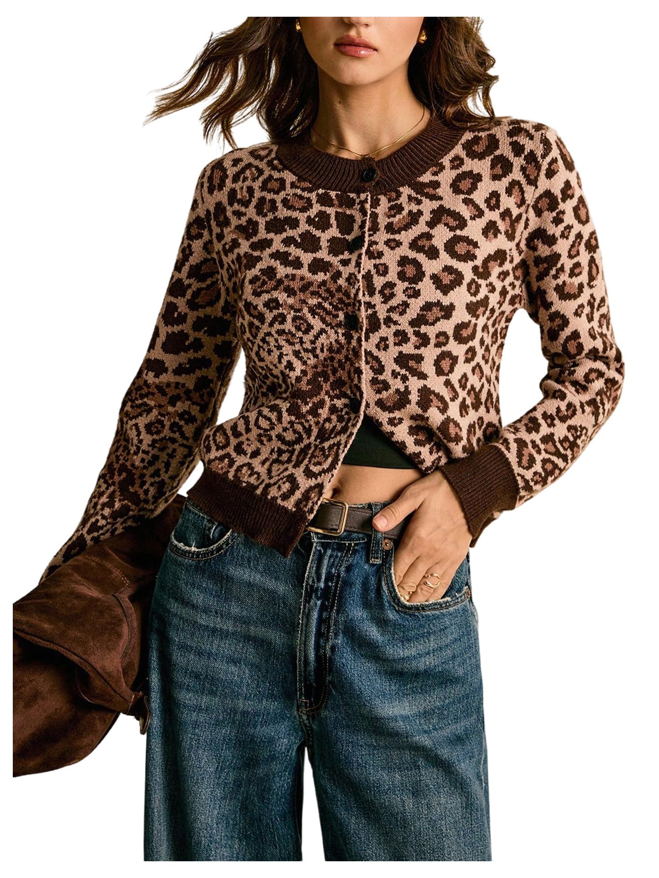 Womens Leopard Cardigan Y2k Cheetah Crew Neck Button Down Long Sleeve Sweater Cardigans