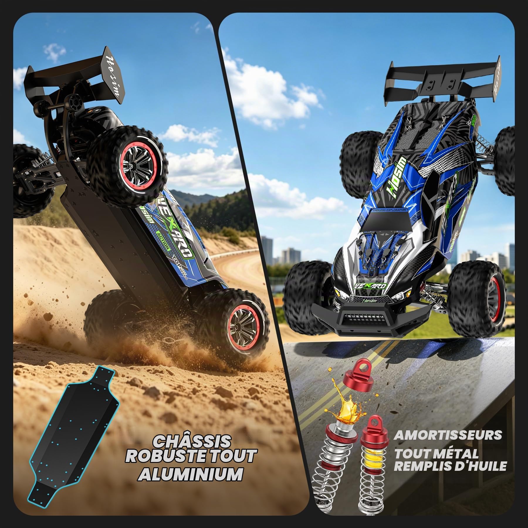 Hosim - Voiture télécommandée rapide pour adultes 80 km/h, mini camion télécommandé 1:8 avec trois différentiels, 4WD tout-terrain étanche RC Car avec 2 batteries 3S