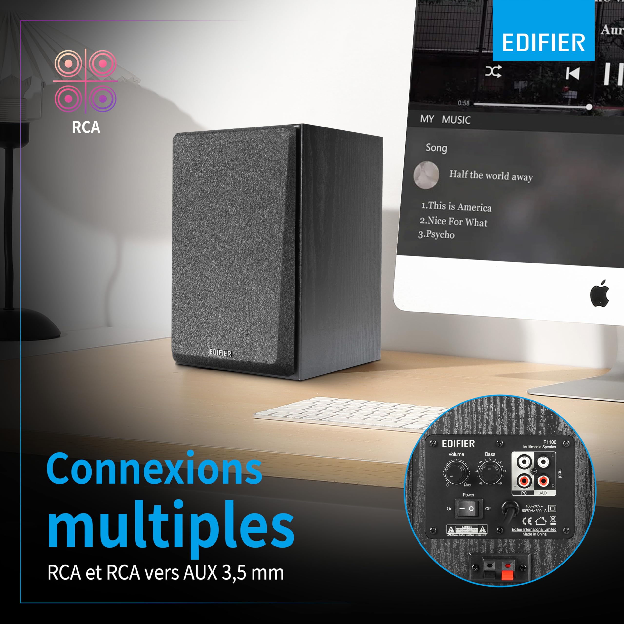 Edifier R1100 Enceintes Actives – 42W RMS Avec Bass-Reflex – Réglage Rrécis Du Son – Entrées RCA + AUX – Boîtier En Bois MDF Elégant – Idéal Pour Musique & Films – Noir