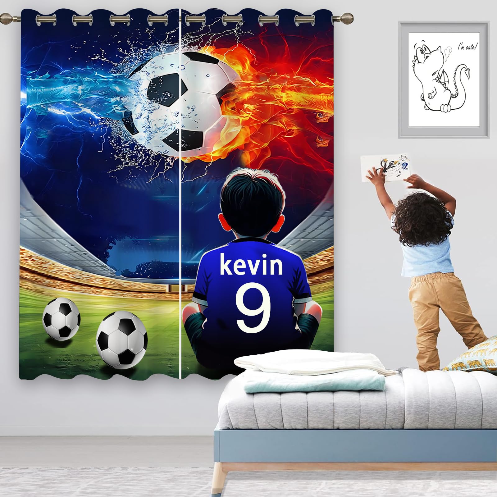 CHEFFS Cortinas opacas de fútbol con ojales, personalizadas, para niños (1150 x 166 cm)