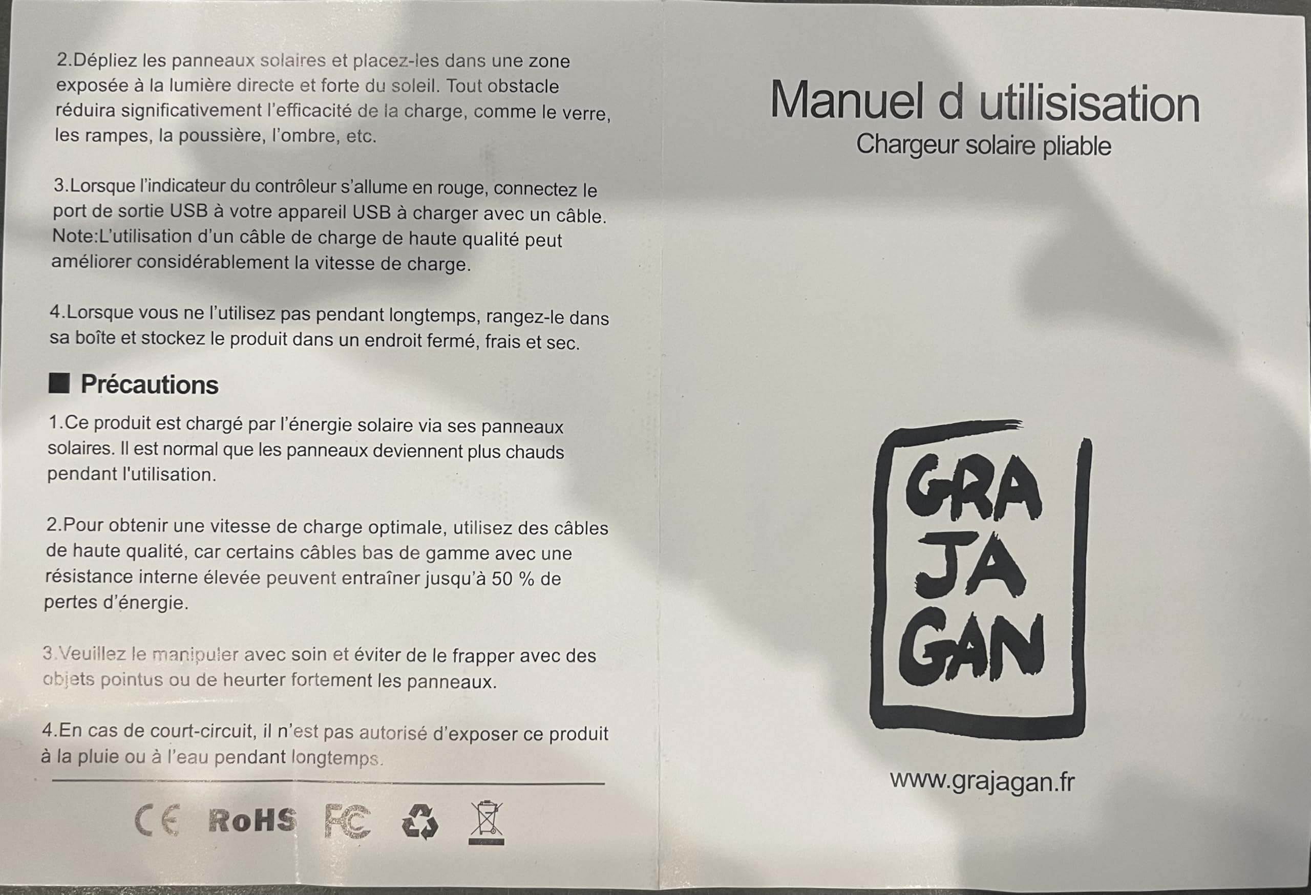 GRAJAGAN Chargeur Solaire Portable USB – Panneau Solaire Compact et Léger pour Smartphone, Tablette et Appareils Électroniques – Chargeur Nomade Résistant pour Camping, Randonnée, Trekking, Voyage et