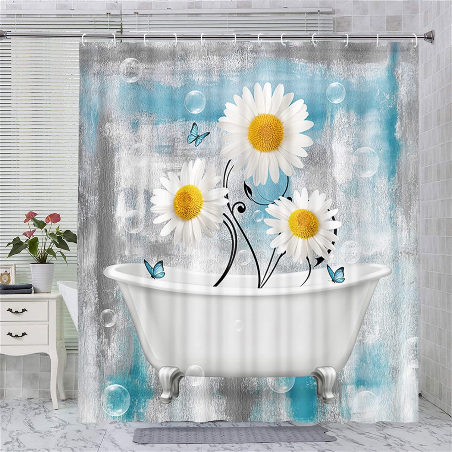 Romantic Angels Rustic Farmhouse Shower Curtain for Bathroom Daisy Shower Curtains Flowers Floral on Bathtub Shower Curtain with 12 PCS Hooks, Teal Turquoise, 72 * 72 in