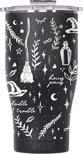 ORCA Vaso aislado de 27 onzas con tapa para bebidas calientes y frías, diseño de bruja Hocus Pocus, de acero inoxidable con tapa abatible de cuento