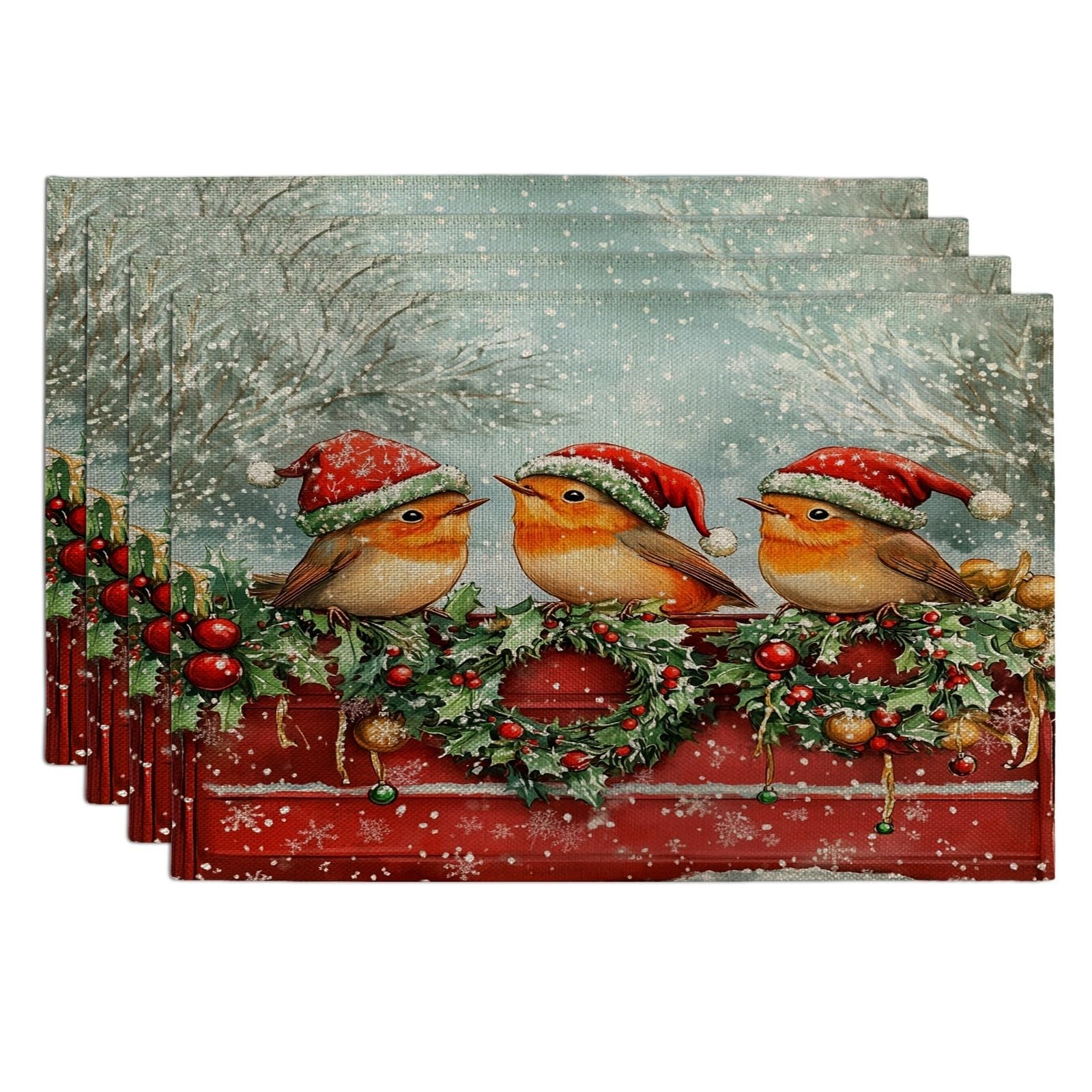 Christmas Robins Bird Placemats Set of 6, 12x18 Inch, Funny Xmas Snowy Truck 6Pcs Seasonal Table Mats for Dinning, Winter Holiday Home Kitchen Decor