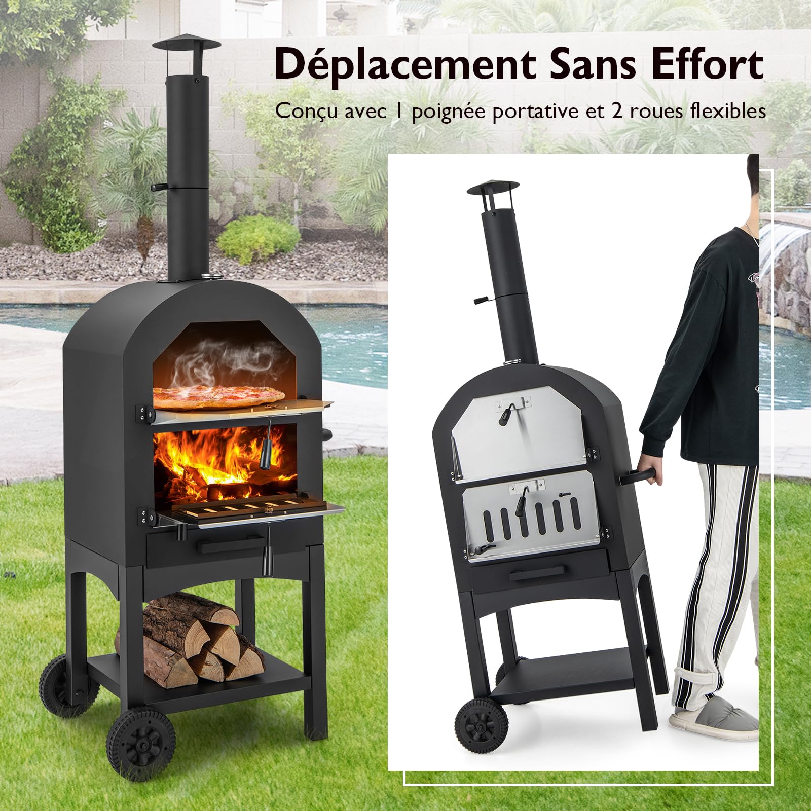 GYMAX Four à Pizza Extérieur 162cm à Bois ou à Pellet, Cuisson Facile avec Thermomètre, Pierre à Pizza, Grilles, Pelle, Accessoires Complets, pour Camping, Fêtes, Barbecues