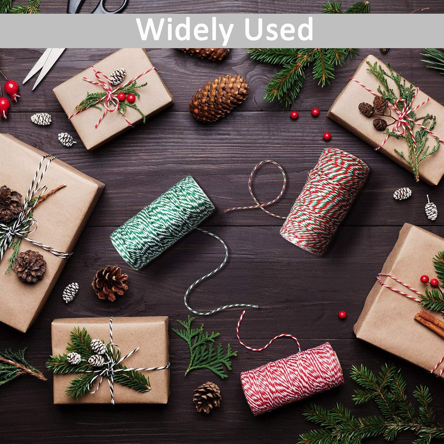 Bakers Twine Multicolor Cotton Twine Packing String for Gardening, Decoration, Tying Cake and Pastry Boxes, Silverware, DIY Crafts Gift Wrapping (Red-Green)