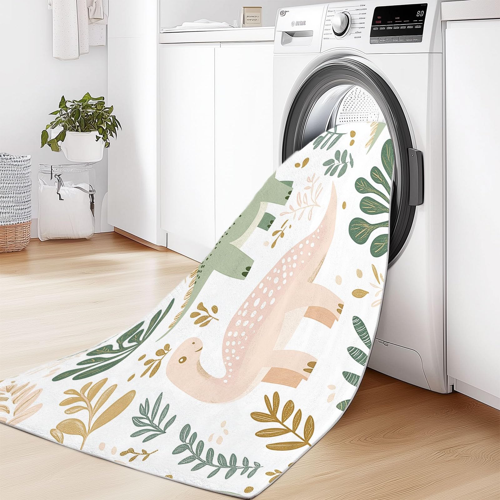 Teppich Bunt Dekor Teppich Kinder Wohnzimmer Teppiche 60 x 120 cm Indoor Bodenmatte Üppiges Laub süß Dinosaurier Kurzfloriger, moderner maschinenwaschbarer Rutschfester Heimteppich