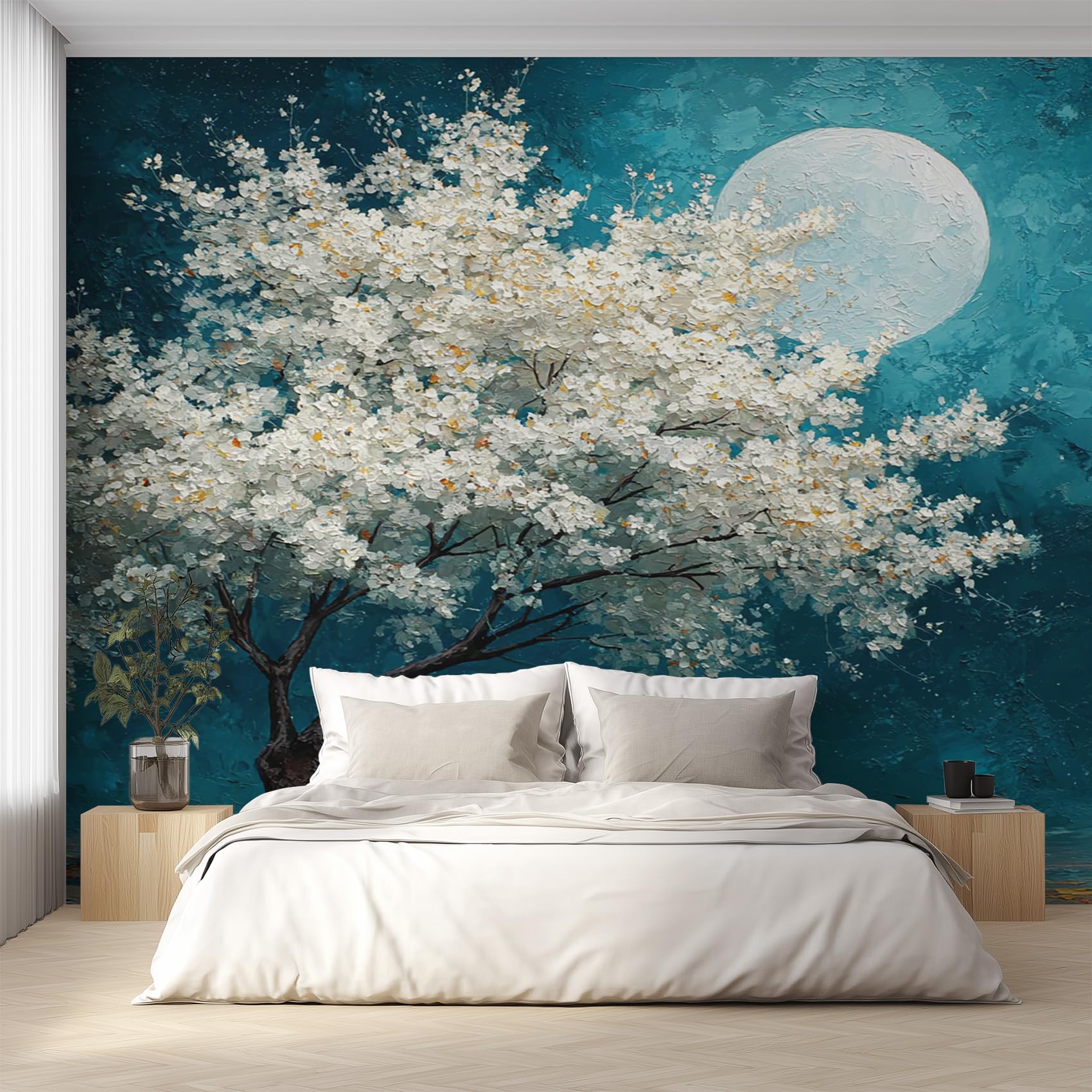 Generisch Vlies Fototapete Magnolien Baum 400x280 cm, Tapete Türkis Weiß Tapeten Vliestapete Wohnzimmer Ölgemälde Pflanzen Schlafzimmer Wandtapete Ornamente Mustertapete W&66