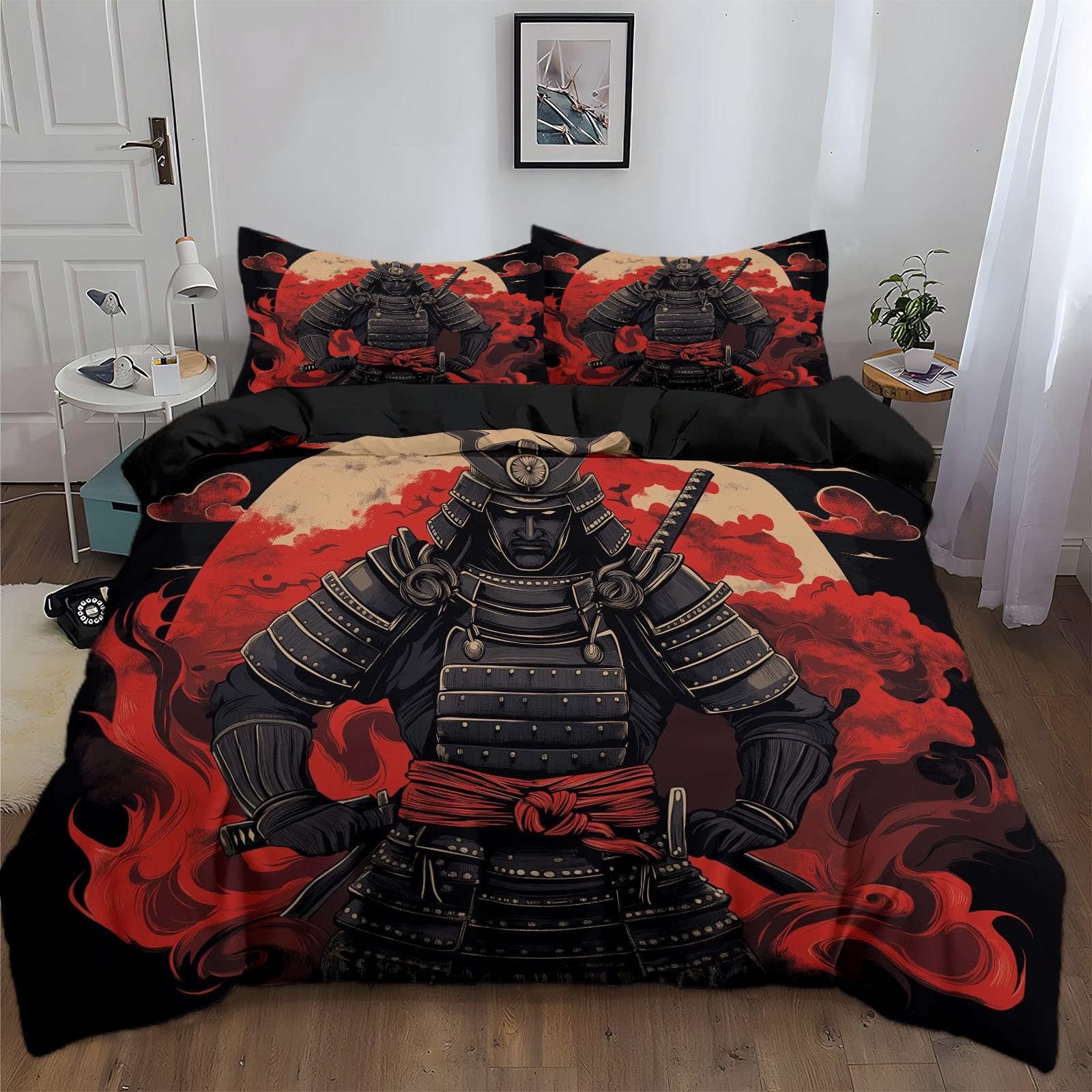 CozyRest Zestaw poszewek na kołdrę dziecięcy japoński samuraj czarny zestaw pościeli 3 szt., miękka wygodna dwustronna poszewka na kołdrę oddychająca pościel zestawy pościeli z poszewkami na poduszki,