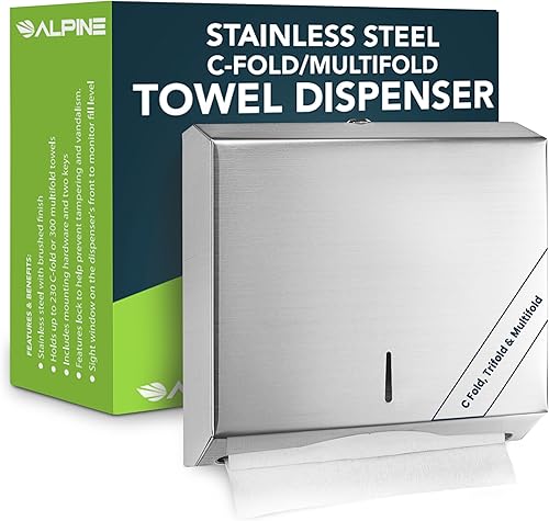 Alpine - Dispensador de toallas de papel de montaje en pared para toallas de papel plegables en C, triple y multipliegue, dispensador de toallas de