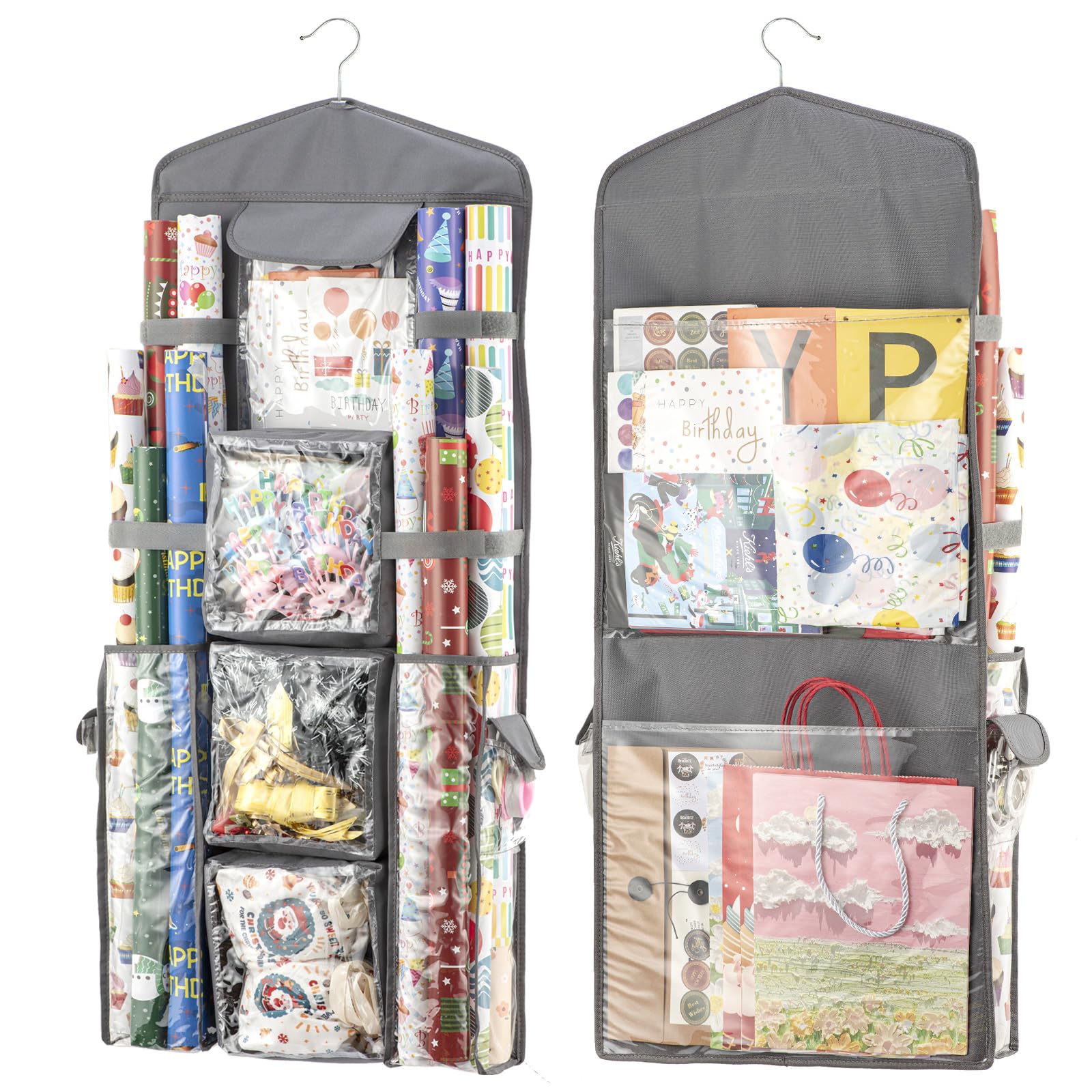 Christmas Wrapping Paper Organizer Storage, Hanging Gift Bag Storage Organizer, Double-Sided Wrapping Paper Holder Storage - Grey