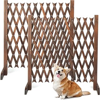 VINGLI 2 Packs Extendable Garden Fence, 27.55 Inch Tall Freestanding Accordion Fence Solid Wood Retractable Trellis Instant Fence Pet Grate for Home Patio Yard Garden (Carbonized Wood)