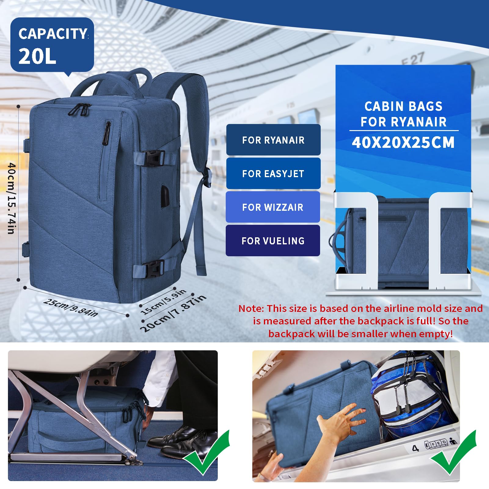 Leyrica Zaino da Viaggio per Ryanair/Wizzair 40x20x25 Bagaglio a Mano Unisex Borse da Cabina Zaino per Laptop 15 pollici Daypack Casual Zaino Lavoro Impermeabile (Blu)
