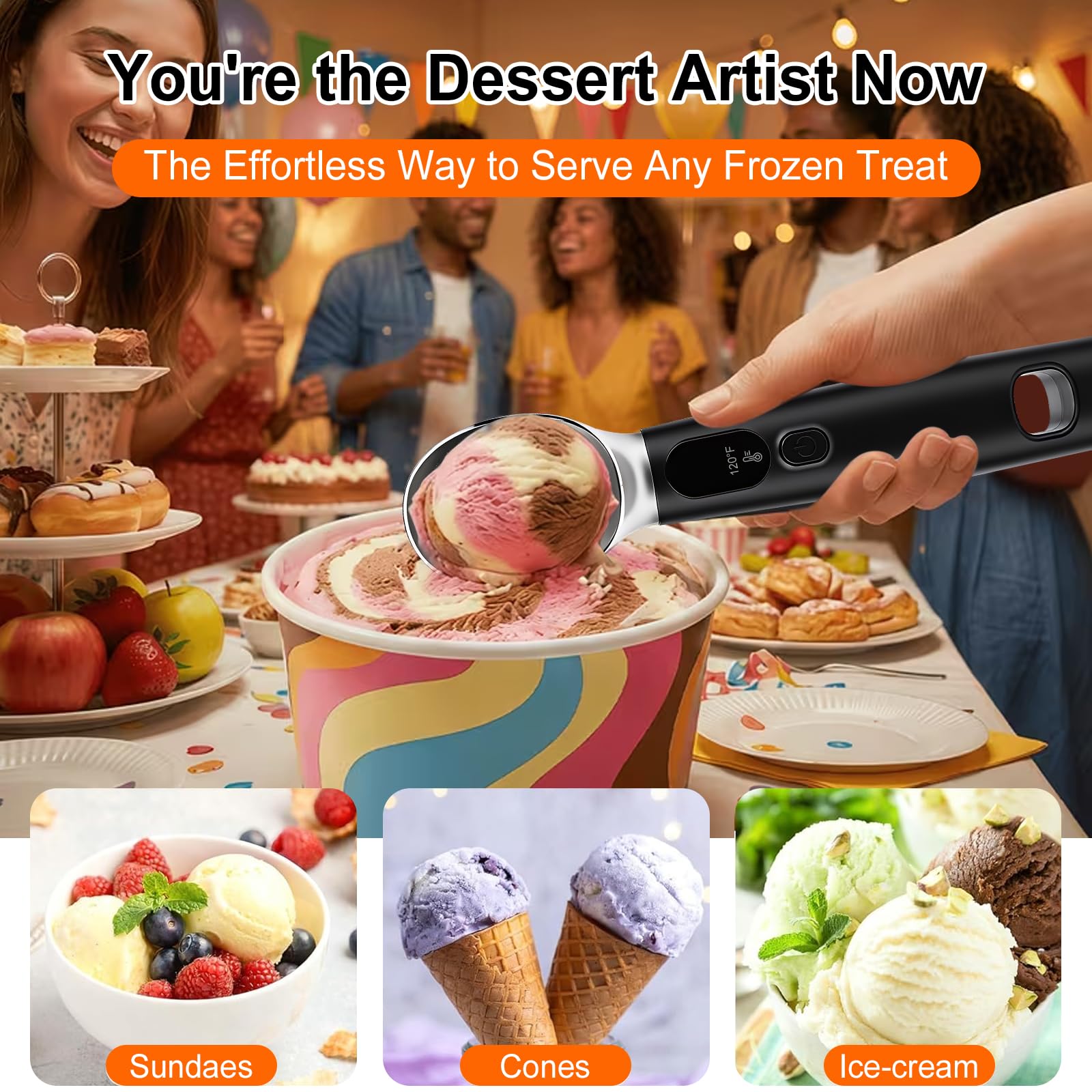 Cuillère à Crème Glacée Chauffante avec 3 Niveaux de Chaleur Réglables–120/140/160°F,Rechargeable Affichage LED,pour Crème Glacée Dure et Plus Encore(Noir)