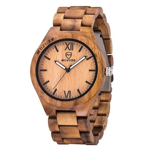 MUJUZE Holz Armbanduhr Herren Damen Holzuhr Analoge Quarz holzarmbanduhren mit Sandelholz Band und Leuchtendem Zeiger Herrenuhr Holzuhren