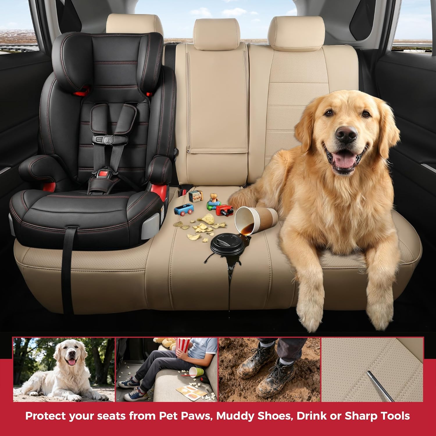 FREESOO Custom Fit RAV4 Seat Covers for Toyota RAV 4 2025-2019 Gasoline LE XLE Premium Limited, Faux Leather, 4‑Layer Waterproof, F/R Headrest, Airbag Deployment Compatible, Durable, Beige Full Set