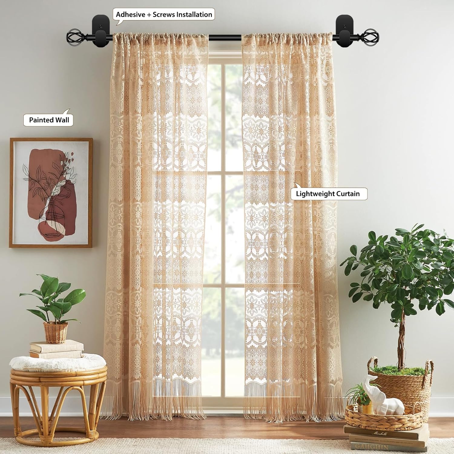 Black Curtain Rods No Drilling 32 to 58 Inch, 5/8 Inch Diameter No Drill Drapery Rod Set with Adhesive Brackets and Twiested Cage Finals, Bedroom Apartment Renter Friendly, 2 Pack