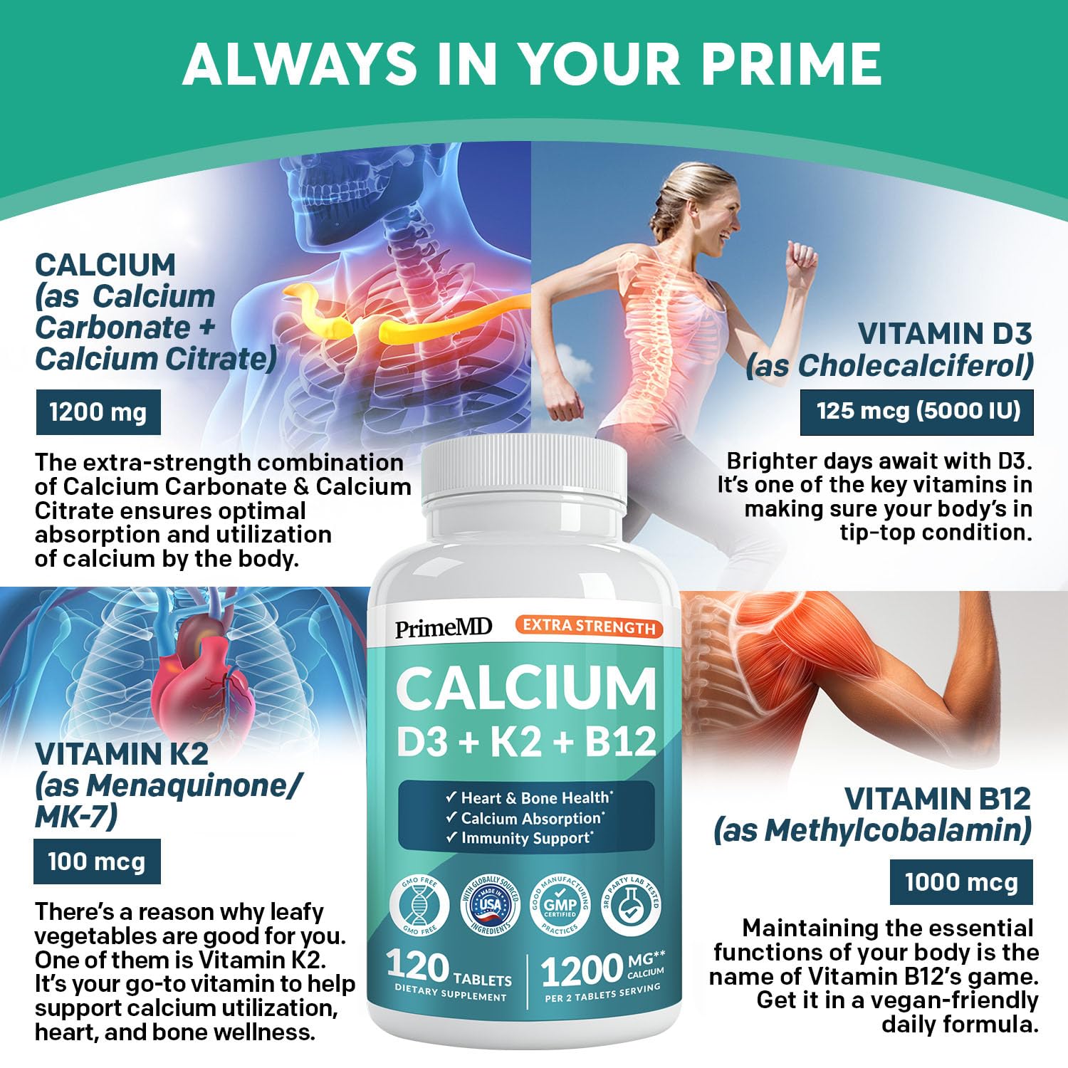 PrimeMD 4-in-1 Calcium 1200mg, Vitamin D3 K2 5000IU, Vegan Non-GMO, 120ct — Amazon image 4